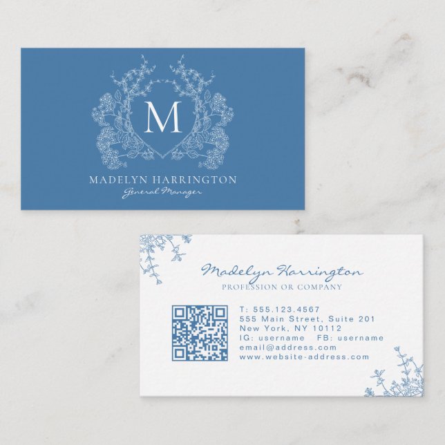 Modern French Blue Floral Crest Monogram QR Code Business Card (Front/Back)