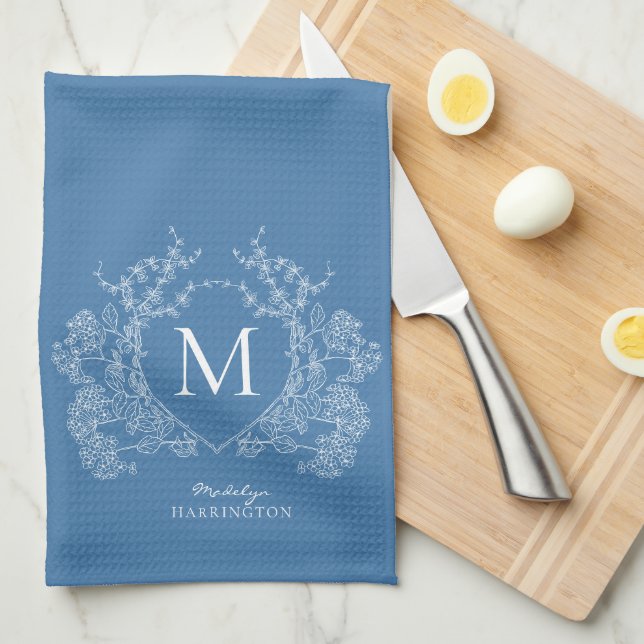 Modern French Blue Floral Crest Monogram Tea Towel (Quarter Fold)