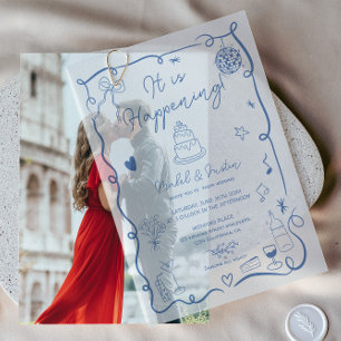 Modern French Blue Quirky Scribble Retro Wedding Vellum Invitations