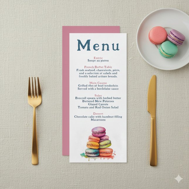 Modern French Macaron Wedding Menu (Bright watercolor macarons wedding menu.)