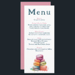 Modern French Macaron Wedding Menu<br><div class="desc">This elegant wedding menu features a playful watercolor illustration of colourful French macarons, adding a touch of Parisian charm and whimsy. The clean white front displays each course in a modern serif font, with soft blush pink headings for a romantic accent. The reverse side is a solid pink, perfect for...</div>