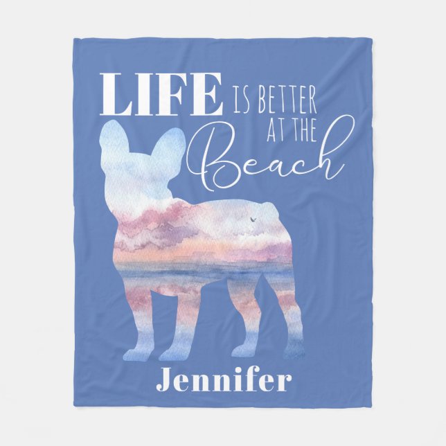 Modern Frenchie Custom Blue and Pink Fleece Blanket (Front)