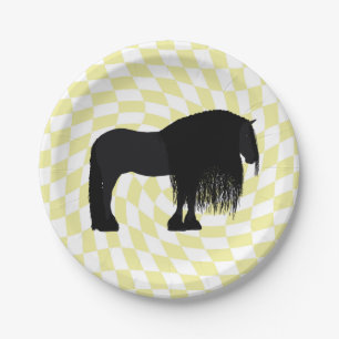 Modern Friesian Horse Illustration Checkered Paper Plate