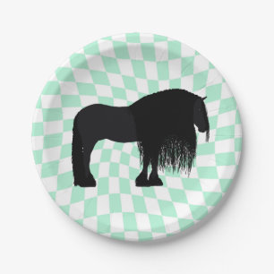 Modern Friesian Horse Illustration Chequered  Paper Plate
