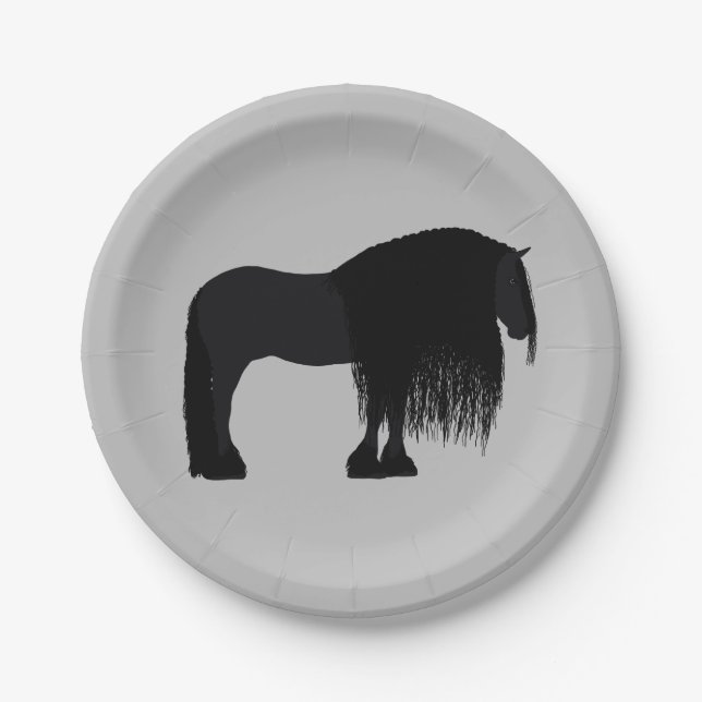 Modern Friesian Horse Illustration Grey Paper Plate (Front)