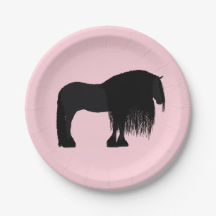 Modern Friesian Horse Illustration Pink Paper Plate