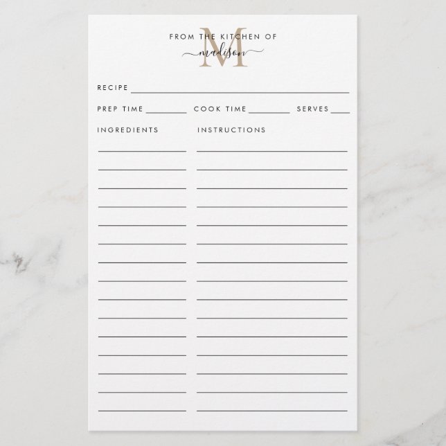 Modern From the Kitchen of Gold Monogram Recipe (Front)