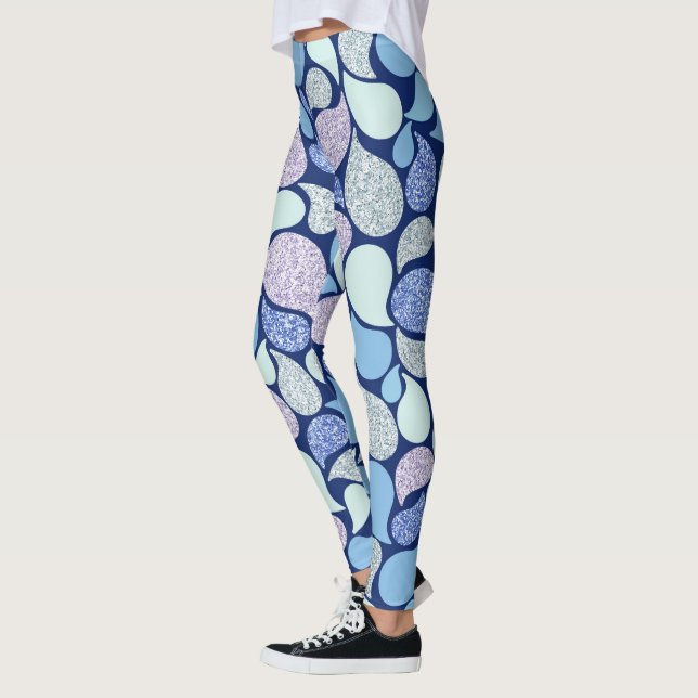 Modern Frosty Glitter Paisley Pattern Blue Leggings (Left)