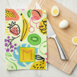 Modern Fruit Pattern Pale Green Tea Towel<br><div class="desc">Your monogram initial on this pale green kitchen towel featuring a modern fruit pattern of pineapples,  pears,  oranges,  cherries,  papaya,  grapes,  kiwis and peaches (back is white.) You can put this design on other products,  too!</div>