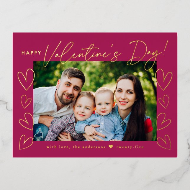 Modern Fuchsia and Gold Script Valentine's Day Foil Holiday Postcard (Front)