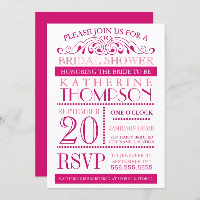 Modern Fuchsia and Pink Bridal Shower Invitation (Front/Back)