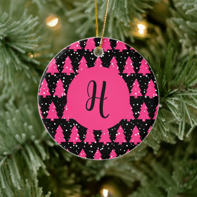 Modern Fuchsia & Black Christmas Tree Monogram  Ce Ceramic Tree Decoration (Tree)