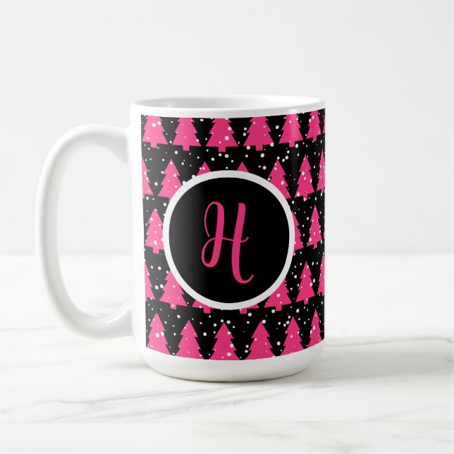 Modern Fuchsia & Black Christmas Tree Monogram Coffee Mug (Left)