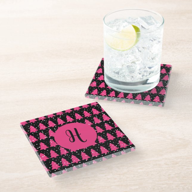Modern Fuchsia & Black Christmas Tree Monogram Gla Glass Coaster (Angled)