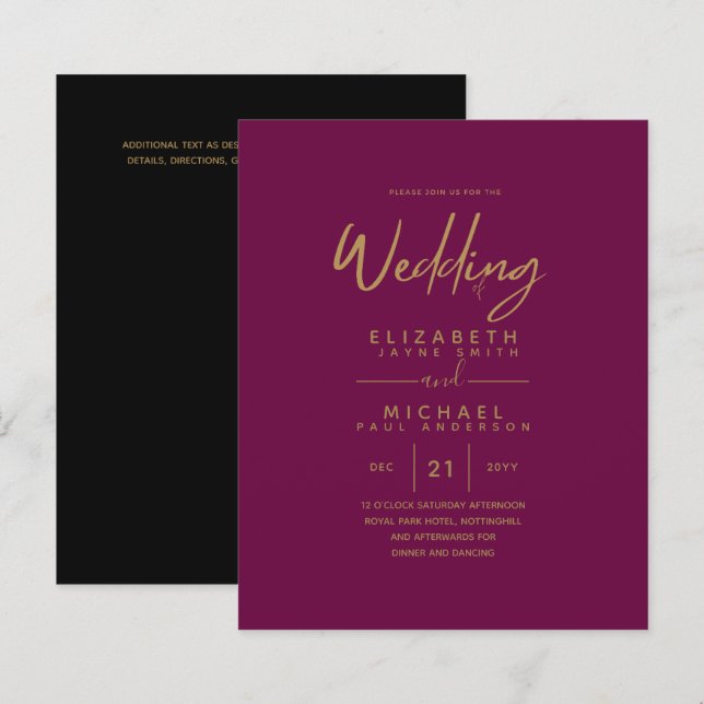 Modern Fuchsia Gold Budget Wedding Invites (Front/Back)
