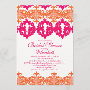 Modern Fuchsia & Orange Damask Bridal Shower Invitation
