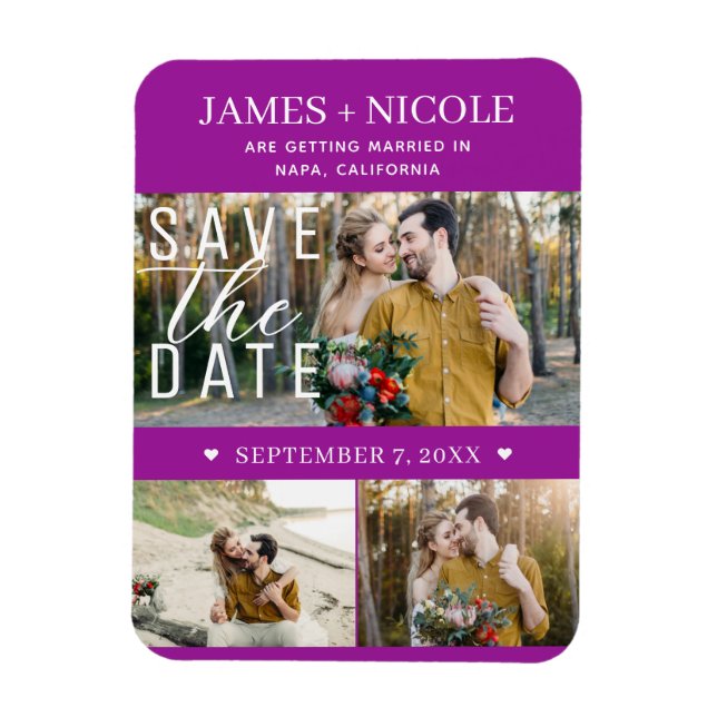 Modern Fuchsia Save the Date Wedding 3 Photos Magnet (Vertical)