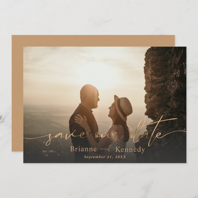 Modern Full Bleed Photo & Signature Script in Gold Save The Date (Front/Back)