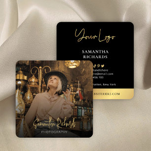 Modern Full Photo Black & Gold Trendy Influencer Square Business Card
