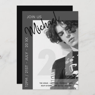 Modern Fun 21st   Birthday PHOTO Male Invites