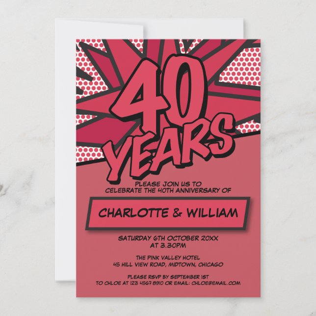 Modern Fun 40th Ruby Wedding Anniversary Invitation (Front)