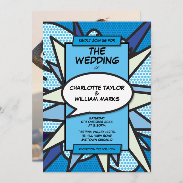 Modern Fun Blue Comic Book Photo Wedding Invitation (Front/Back)