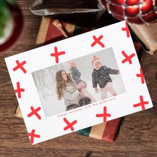 Modern Fun Border Red & White Christmas Crosses Holiday Card