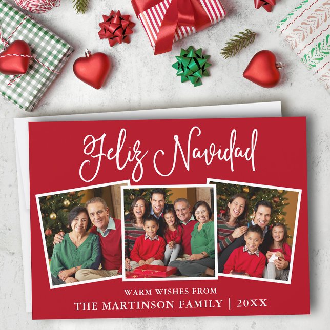 Modern Fun Calligraphy 3 Photo Feliz Navidad Red Holiday Card (Customize to add text to back of card. )