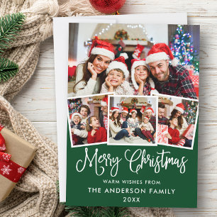 Modern Fun Calligraphy 4 Photo Christmas Green Holiday Card