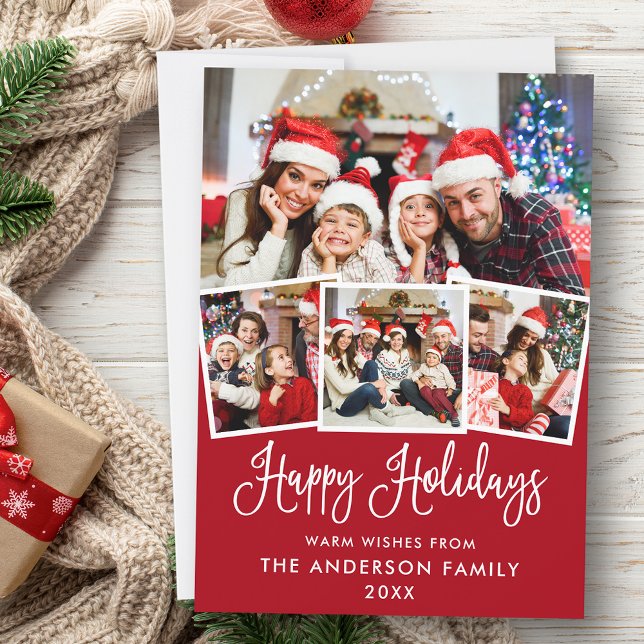 Modern Fun Calligraphy 4 Photo Red Holiday Card (Customize to add text to back of card.)