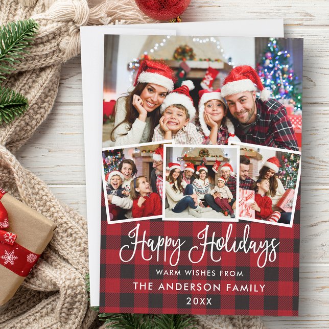 Modern Fun Calligraphy 4 Photo Red Plaid Holiday  (Customize to add text to back of card.)