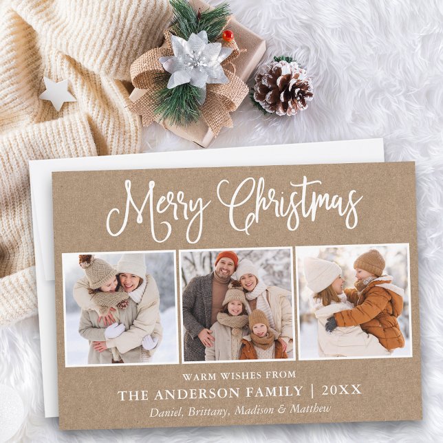 Modern Fun Calligraphy Christmas 3 Photo Kraft Holiday Card (Customize to add text to back of card.)