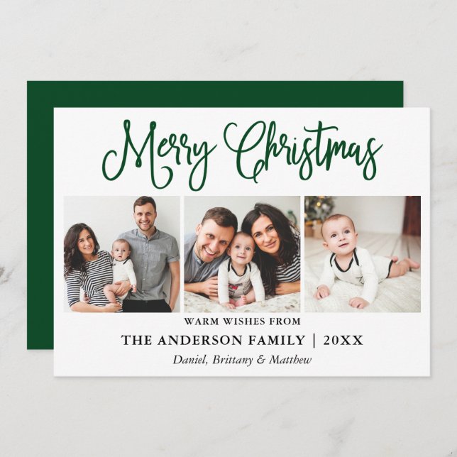 Modern Fun Calligraphy Christmas 3 Photos Green Holiday Card (Front/Back)