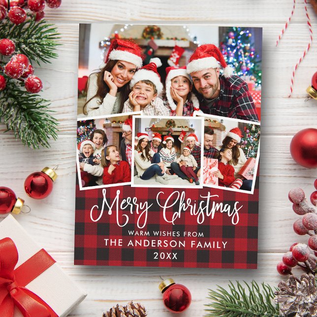 Modern Fun Calligraphy Christmas 4 Photo Plaid Postcard (Customize to change your personalized text size or text style.)