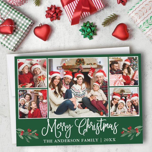 Modern Fun Calligraphy Christmas 5 Photo Green Holiday Card (Customize to add text to back of card or to change background color of card.)
