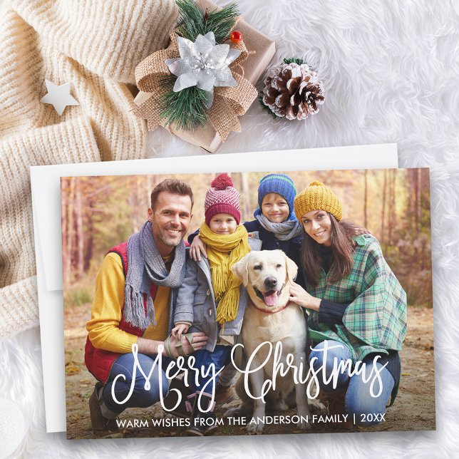 Modern Fun Calligraphy Christmas Family Photo Holiday Card (Customize to add text to back of card.)