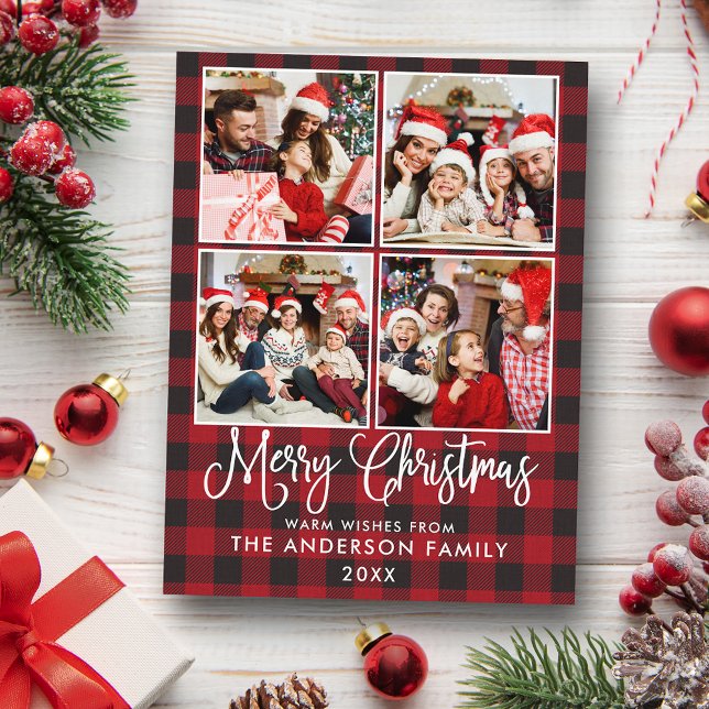 Modern Fun Calligraphy Christmas Plaid 4 Photo Postcard (Customize to change your personalized text size or text style.)