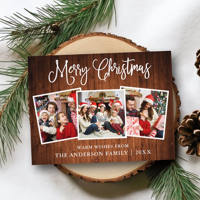 Modern Fun Calligraphy Christmas Wood 3 Photos  Postcard (Customize to change your personalized text size or text style.)