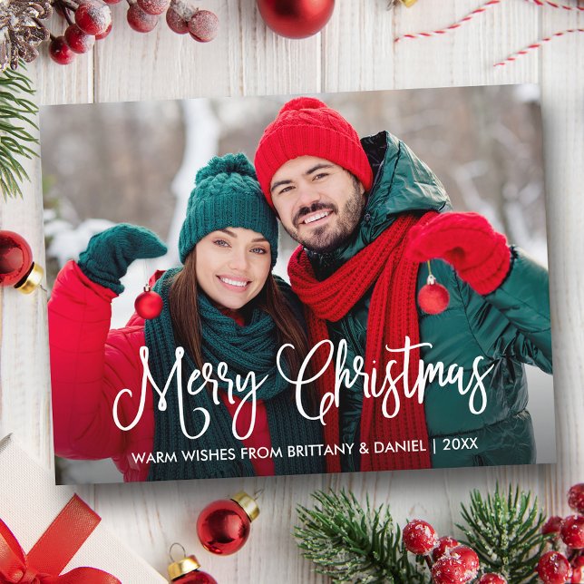 Modern Fun Calligraphy Couple Photo Christmas Postcard (Customize to change your personalized text size or text style.)