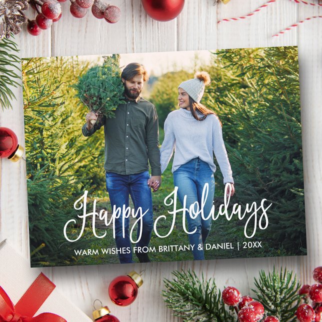 Modern Fun Calligraphy Couple Photo Happy Holidays Postcard (Customize to change your personalized text size or text style.)