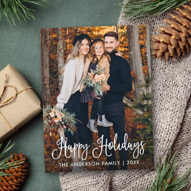 Modern Fun Calligraphy Family Photo Holiday Postcard (Customize to change your personalized text size or text style.)