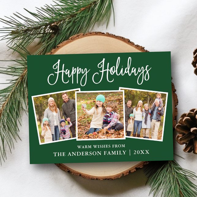 Modern Fun Calligraphy Green 3 Photo Holiday Postcard (Customize to change your personalized text size or text style.)