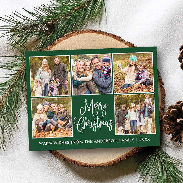 Modern Fun Calligraphy Green 5 Photo Christmas Postcard (Customize to change your personalized text size or text style.)