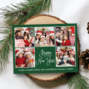 Modern Fun Calligraphy Green 5 Photo New Year Postcard