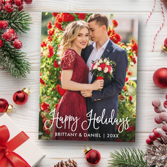 Modern Fun Calligraphy Happy Holidays Couple Photo Postcard (Customize to change your personalized text size or text style.)