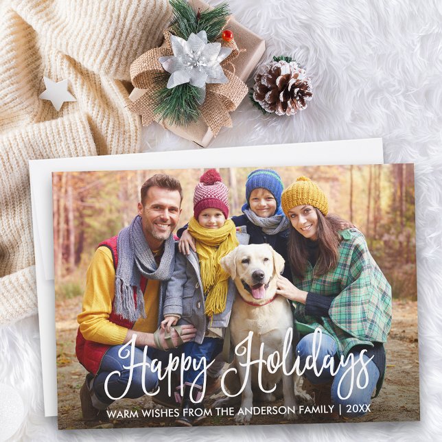 Modern Fun Calligraphy Happy Holidays Family Photo Holiday Card (Customize to add text to back of card.)
