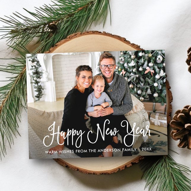 Modern Fun Calligraphy Happy New Year Family Photo Postcard (Customize to change your personalized text size or text style.)