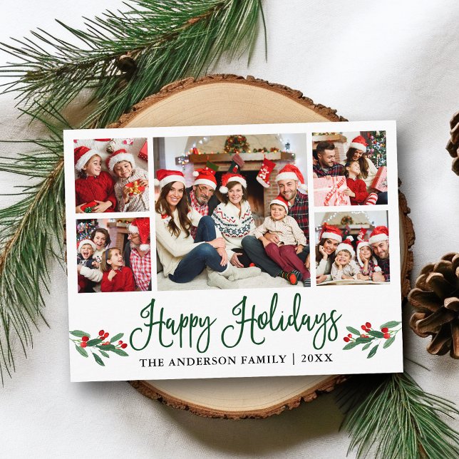 Modern Fun Calligraphy Holly 5 Photo Holiday Postcard (Customize to change your personalized text size or text style.)