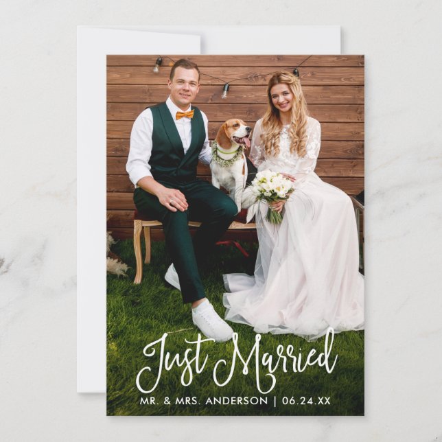 Modern Fun Calligraphy Just Married Wedding Photo Announcement (Front)