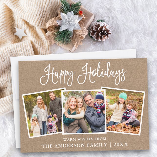 Modern Fun Calligraphy Kraft 3 Photos Holiday Card (Customize to add text to back of card.)